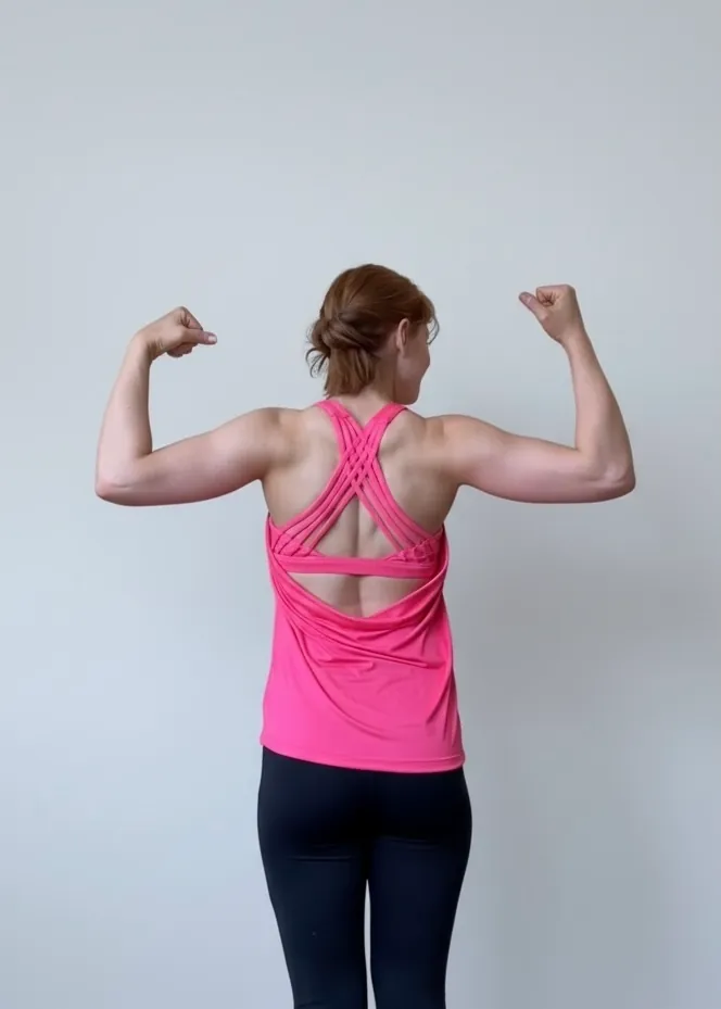 Hannah Burke flexing both arms from behind in a pink racerback top, showing back and shoulder definition