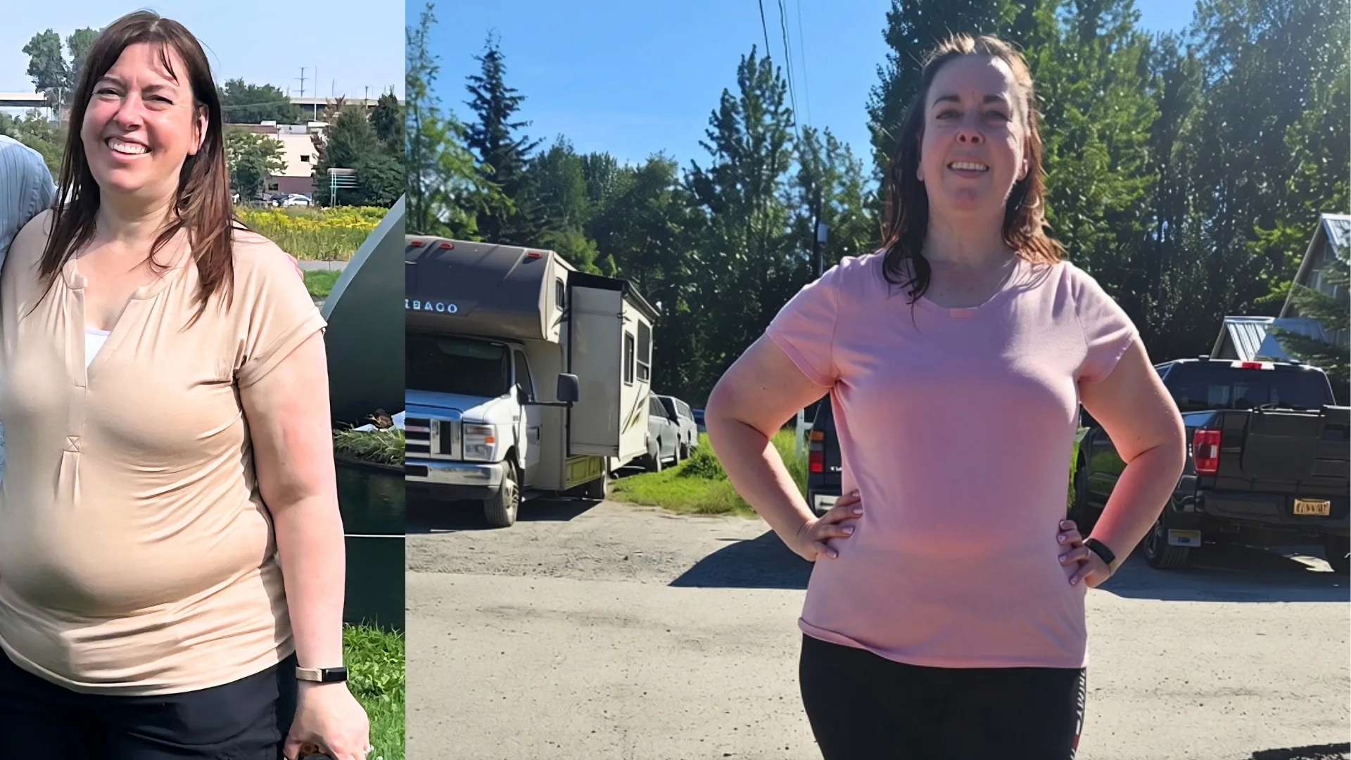 Nicole Hunter before joining Body Renew on the left and after building a regular training routine on the right